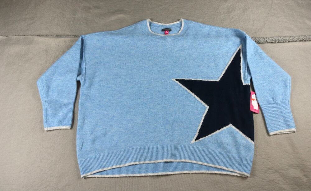 New Vince Camuto Sweater XL Blue Black Star Crewneck Pullover